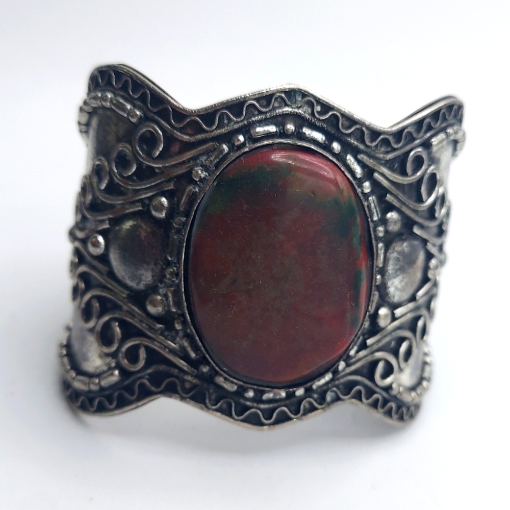Vintage bloodstone silver tone ornate bracelet cuff